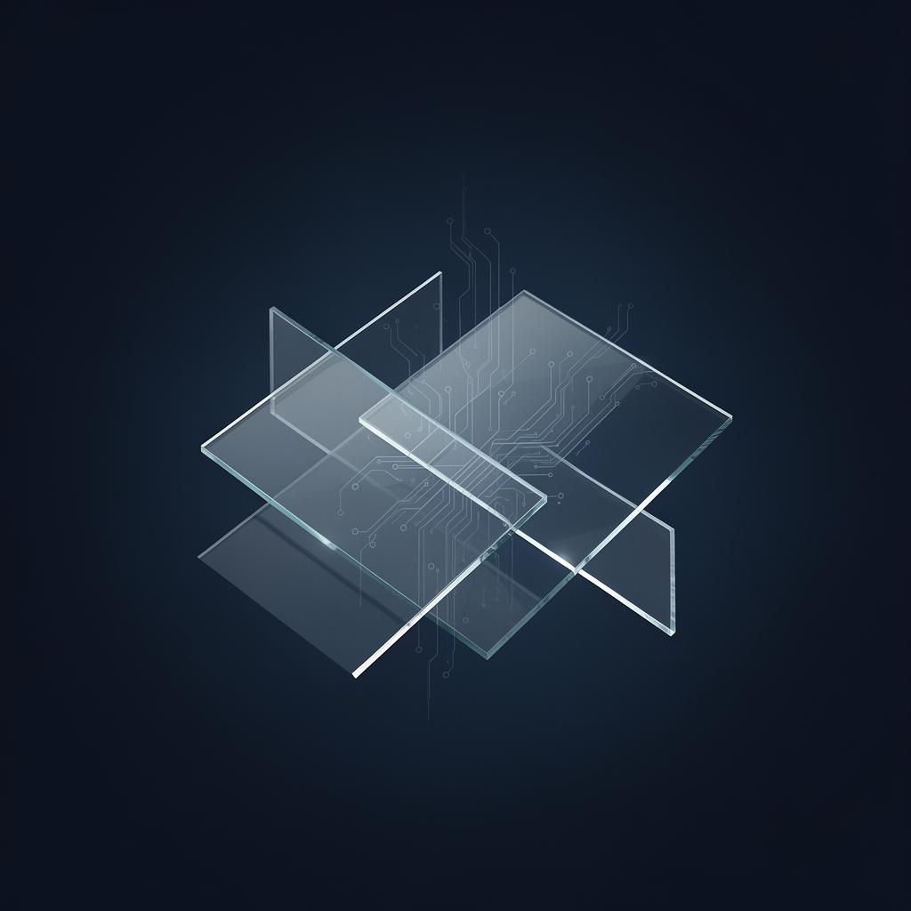 Abstract translucent planes and circuitry representing structured, considered technology decisions